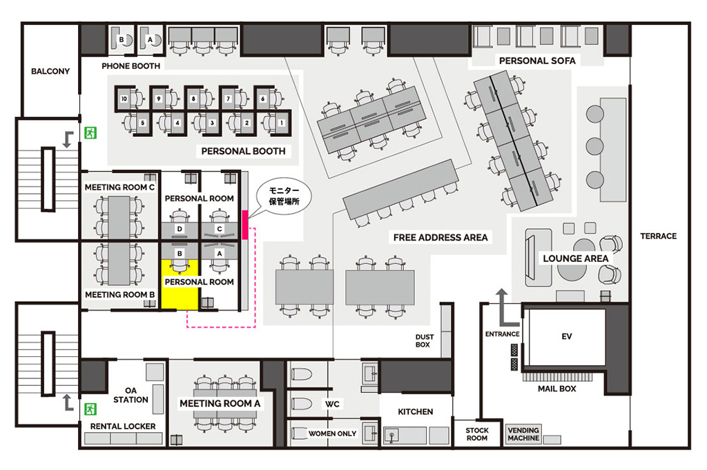 フロアマップ（モニター、机上小物の一時保管場所）